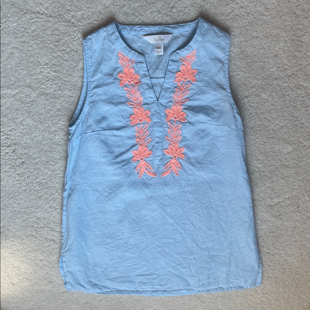 Lilly Pulitzer Light Blue Tank with Orange Embroidery